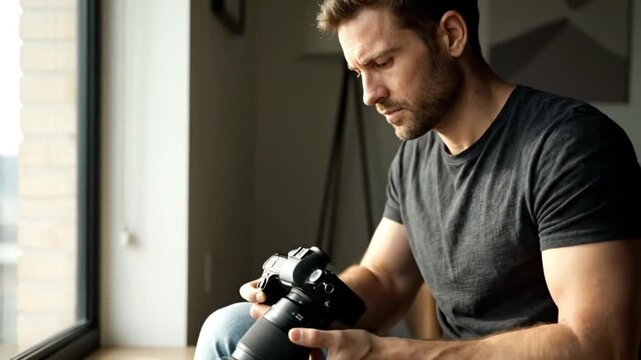 Focused man adjusting professional DSLR camera with large lens by window, indoors