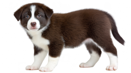 Cute brown and white puppy standing with curious expression, fluffy fur, and alert eyes, isolated on transparency background, perfect for pet and animal themes