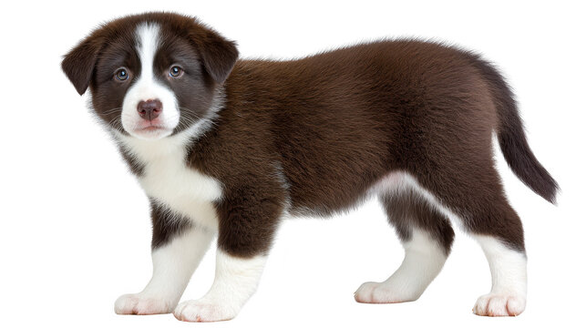 Cute brown and white puppy standing with curious expression, fluffy fur, and alert eyes, isolated on transparency background, perfect for pet and animal themes