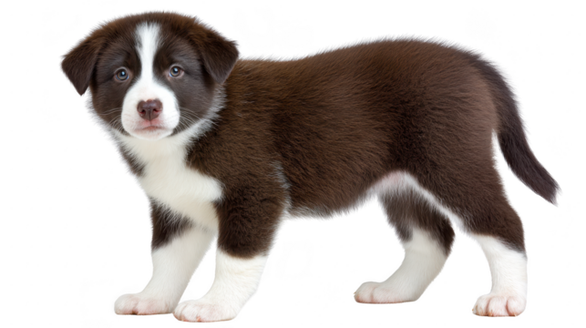 Cute brown and white puppy standing with curious expression, fluffy fur, and alert eyes, isolated on transparency background, perfect for pet and animal themes