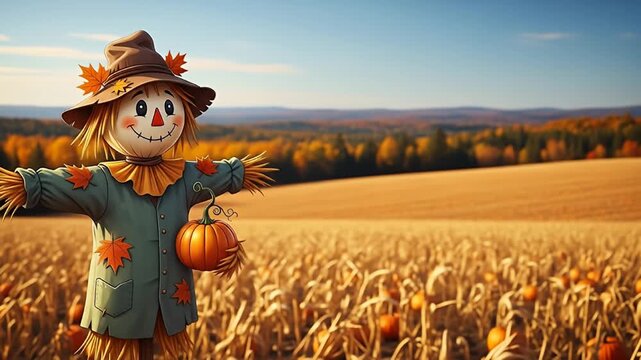 A cheerful scarecrow stands guard in a vibrant autumn field, holding a pumpkin.