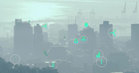 Hazy city skyline receiving teal icons spawning from sun reflection, visualizing urban energy flow - Powered by Adobe