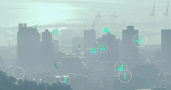 Hazy city skyline receiving teal icons spawning from sun reflection, visualizing urban energy flow