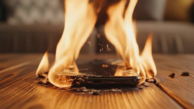 A mobile phone bursts into flames, demonstrating the dangers of overheating and battery failure. captivating scene highlighting unforeseen hazards with modern technology.