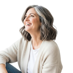 Smiling mature woman with gray streaks in her hair looking up joyfully isolated on transparent background