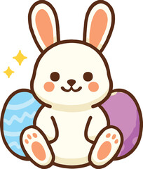 Cute white bunny rabbit with pastel Easter eggs and yellow stars cartoon illustration