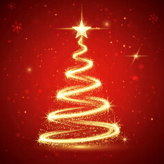 Golden light spiral Christmas tree creates a festive atmosphere, perfect for holiday greetings, seasonal promotions, and winter wonderland designs