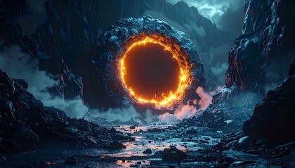 Burning portal floats among dark rocky terrain and mountains under a stormy sky; ominous and foreboding ambiance