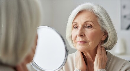 Mature woman examining her face closely in a mirror with a thoughtful expression during skincare