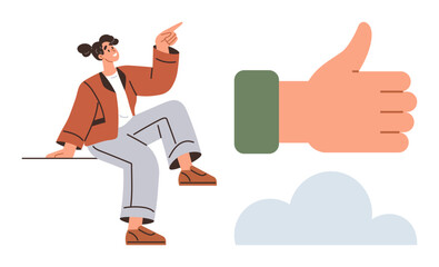 Person pointing upward while seated, alongside a thumbs-up hand sign and a cloud. Ideal for motivation, positivity, mentorship, teamwork, goal-setting, leadership optimism. Simple flat metaphor