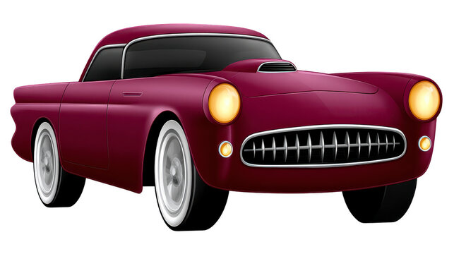 Vintage car classic automobile maroon color retro style whitewall tire chrome detail coupe shiny finish front view on transparency background