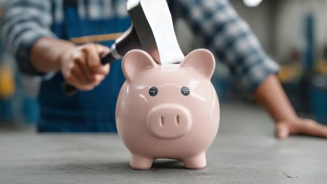 Creative Savings Concept with Hammer and Piggy Bank Symbolizing Financial Disruption and Unconventional Investment Strategies 4k Video footage