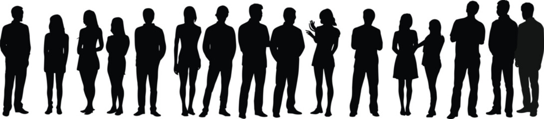 Human silhouette group, diverse standing poses, male female figures, black vector people, posture variation, crowd anonymity, social design illustration