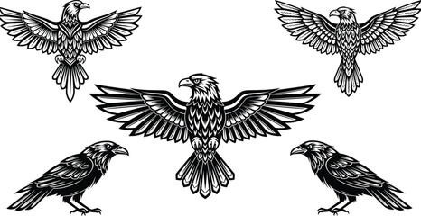 Obraz premium Eagle and raven illustration set with detailed wings, flying and standing poses, bold bird artwork for tattoo design, logo, mascot, and decoration projects