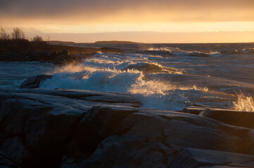 Winter storm with rough seas on the shores of the Bothnian Sea in Pori, Finland
