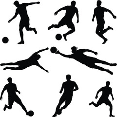 Soccer player silhouettes, football poses, athlete actions, kicking, dribbling, running, goalkeeping, sports movement, black figures, isolated dynamic set