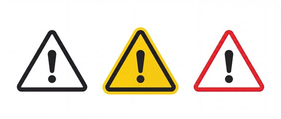 Set of triangular warning signs with exclamation mark. Yellow red and black danger attention icons isolated on white background.