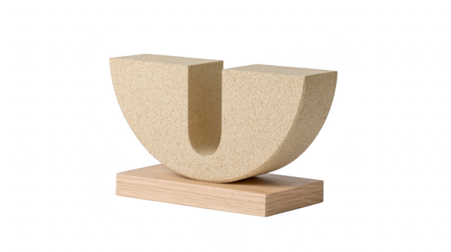 Modern beige stone sculpture with geometric U shape on wooden base, minimalist decorative object for home or office interior, contemporary art piece, neutral color, stylish and elegant accent