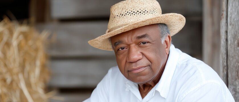 Portrait of a man wearing a straw hat while sitting on a wooden porch with hay bales in the background during a sunny afternoon