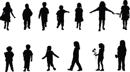 Children silhouette poses, walking and standing, black vector kids, expressive posture set, object holding design, activity illustration chart