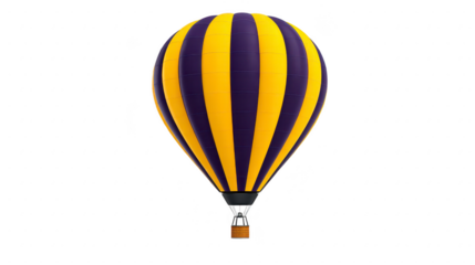 Yellow and purple hot air balloon isolated on transparency background, striped pattern, adventure travel concept, vertical orientation, transportation, leisure activity, uplifting mood