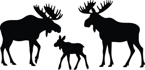 Moose family silhouette, adult and calf, black wildlife vector, animal posture set, nature illustration, forest mammal shape design