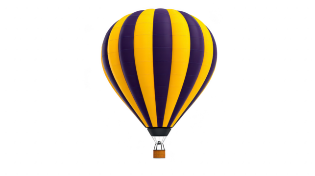 Yellow and purple hot air balloon isolated on transparency background, striped pattern, adventure travel concept, vertical orientation, transportation, leisure activity, uplifting mood - Powered by Adobe