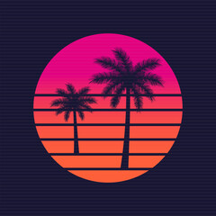 80s logo. Retro beach sunset with palm silhouettes and neon gradient sun circle. Tropical 80s vibe. Vector illustration 