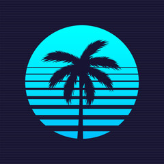 Blue Retro Sun with palm tree silhouette, neon gradient sun. Retro Beach logo. Vector illustration