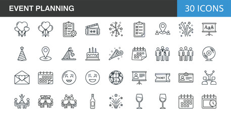 Modern event planning line icons set featuring celebration elements, party organization tools, schedule management, invitations, location markers, meeting activities and festive symbols