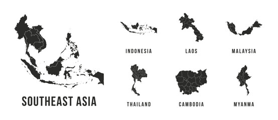Southeast Asia Map set. High quality Southeast Asia map. Indonesia, Laos, Malaysia, Thailand, Cambodia, Myanma maps. Vector illustration