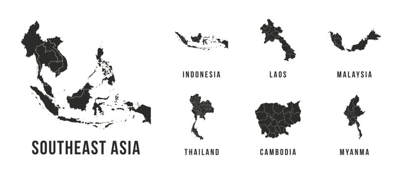 Southeast Asia Map set. High quality Southeast Asia map. Indonesia, Laos, Malaysia, Thailand, Cambodia, Myanma maps. Vector illustration