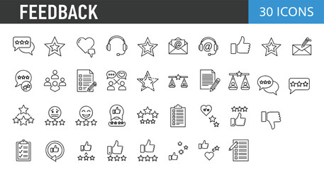 Modern feedback line icons set featuring rating stars, customer reviews, satisfaction evaluation, communication tools, survey forms, user responses and performance scoring