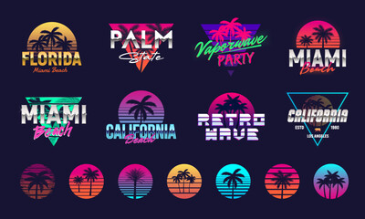 8 Retro neon logo templates with palm tree silhouettes. 7 retro design elements with palm trees silhouettes. Vector illustration