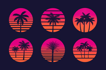 Fototapeta premium Retro palm sunset in 80s style. Retro sun silhouette with neon gradient sun and palm trees silhouette in 80s style. Vector illustration