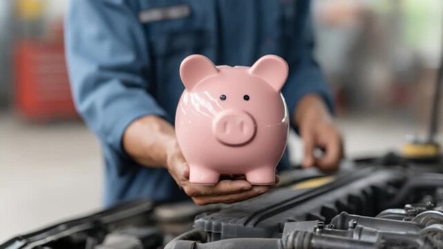 Close-up of Person Holding Pink Piggy Bank in Automotive Workshop Setting 4k Video footage