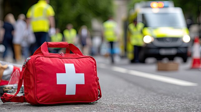 Emergency response at an accident scene with a first aid kit and ambulance in the background during daytime