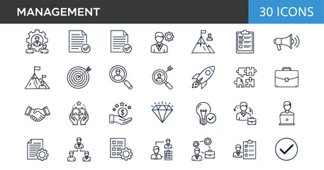 Modern management line icons set featuring leadership, business strategy, goal achievement, teamwork, planning, success growth, analytics, career development and organization tools
