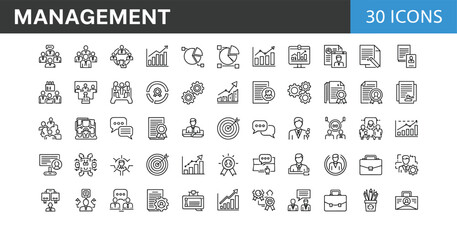Modern management line icons set featuring teamwork, leadership, business planning, strategy development, performance analytics, communication workflow and organizational efficiency symbols