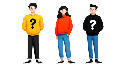 Three young people stand side by side, each wearing casual clothing and sweater with large question mark, expressing curiosity and mystery