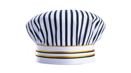 Striped chef hat with black and white vertical lines and gold accent, classic kitchen accessory for professional cooking, isolated on transparency background
