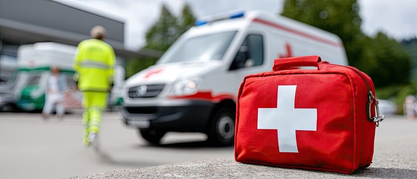 Paramedics respond to an emergency call with an ambulance and a first aid kit in the background during daylight hours