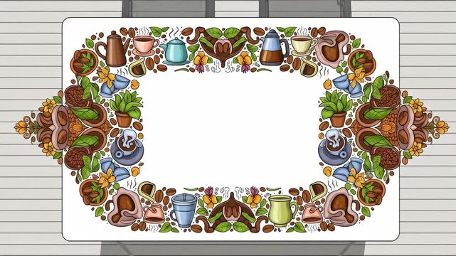 Coffee and Tea Themed Frame with Assorted Drinkware and Plants.