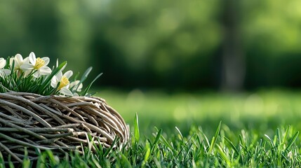 Close-up of a wicker basket filled with white and yellow daffodils, resting on green grass outdoors on a sunny day. The background is blurred with trees.