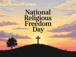 Celebrating national religious freedom day with a cross silhouetted against a beautiful sunset