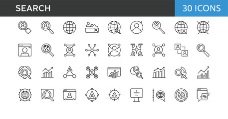 Modern search and discovery line icons set featuring global lookup, user search, data analysis, network connections, magnifying elements and analytics tools