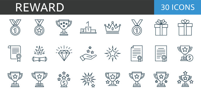 Modern reward line icons set featuring trophies, medals, certificates, achievement symbols, celebration elements, prizes, recognition awards and success appreciation graphics