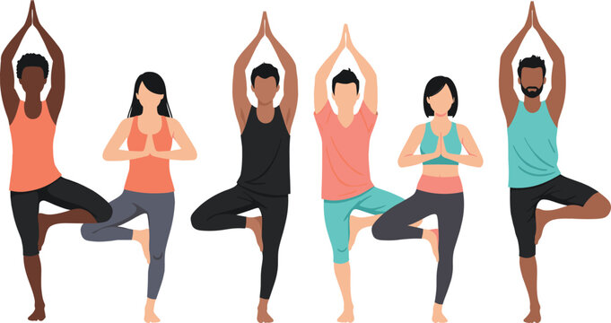 Group of diverse people practicing yoga tree pose together, wellness fitness illustration promoting balance, mindfulness, healthy lifestyle and peaceful meditation exercise