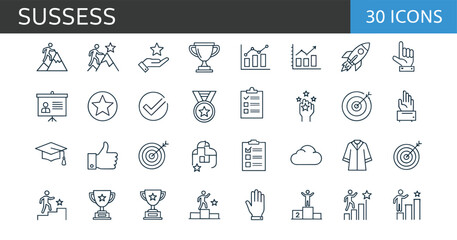 Modern success line icons set featuring achievement symbols, goal completion, awards, motivation, progress charts, leadership growth, business victory and personal accomplishment