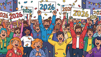 A diverse crowd of happy people celebrating the year 2026 with signs and confetti.